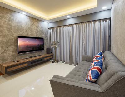 Punggol Drive (Block 666A), Absolook Interior Design, Industrial, Living Room, HDB, False Ceiling, Downlights, Wallpaper, Wall Mounted Tv, Industrial Standing Fan, Carpentry, Grey Wall, Modern Chesterfield Sofa, Cove Lighting, Couch, Furniture, Electronics, Entertainment Center, Home Theater