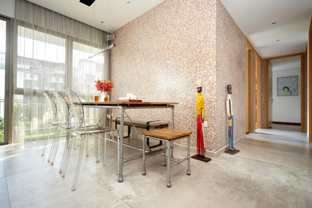 Eclectic, Condo, Dining Room, Terrasse, Interior Designer, Free Space Intent, Retro, Eclectic Dining Room, Ghost Chair, Industrial Dining Table, Industrial Stool, Sling Curtain, Corridor, Cement Flooring, Chair, Furniture