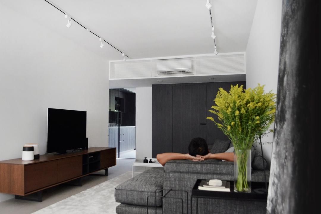 ASFS, 0932 Design Consultants, Modern, Living Room, HDB, Wooden Floating Console, Sectional Sofa, Track Lights, Air Condition, Cozy, Cosy, Electronics, Monitor, Screen, Tv, Television, Dill, Flora, Food, Plant, Seasoning, Bonsai, Jar, Potted Plant, Pottery, Tree, Vase, Furniture, Sideboard