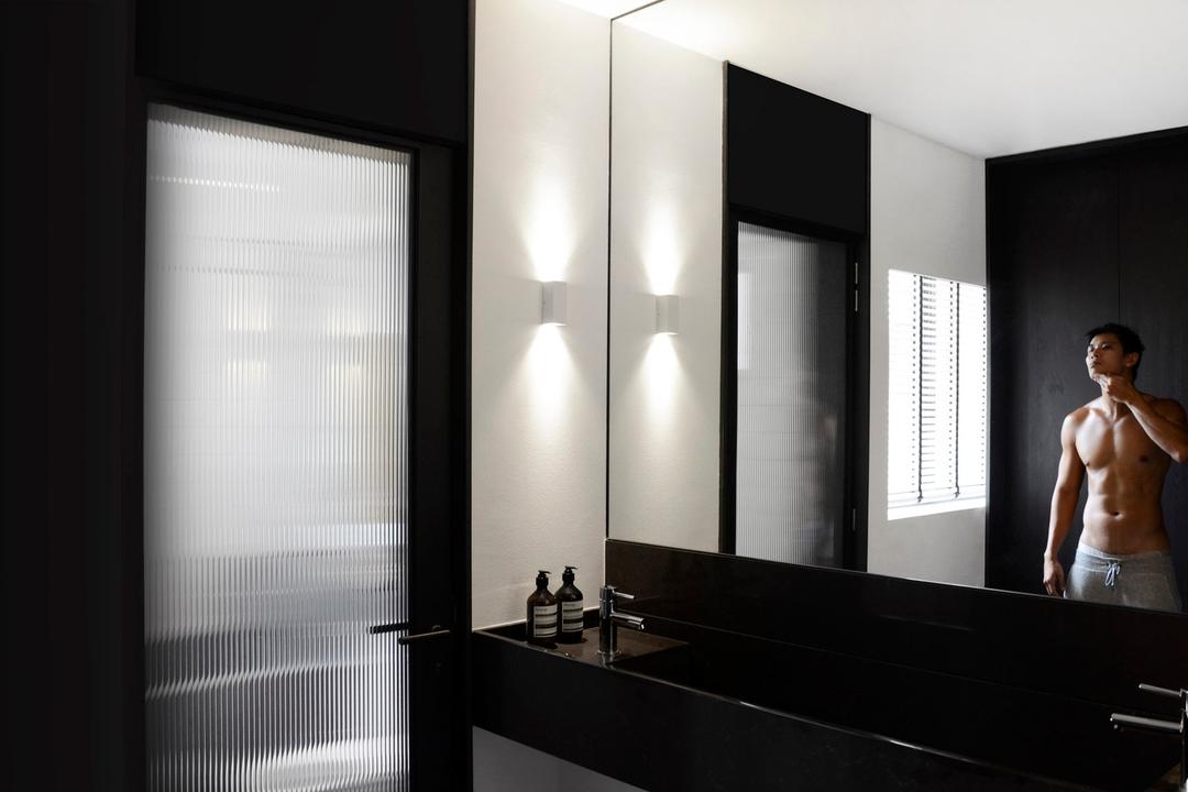ASFS, 0932 Design Consultants, Modern, Bathroom, HDB, Wall Mounted Light, Monochrome, Black Marble Sink, Classy, Human, People, Person, Man