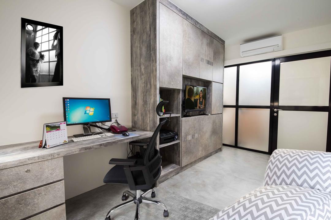 Anchorvale (Block 333A), DreamCreations Interior, Industrial, Study, HDB, Wood Laminate, Laminate, Sliding Door, Wall Art, Monochrome, Photot, Study Table, Chair, Furniture