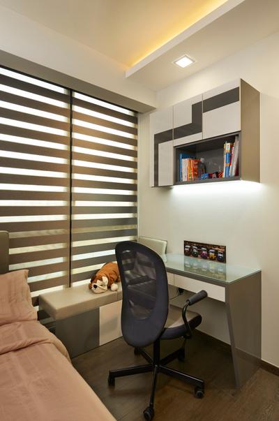Waterbay, DC Vision Design, Contemporary, Bedroom, Condo, Modern Bedroom, False Ceiling, Cove Lighting, Downlights, Built In Study Table, Swivel Chair, Blinds, Wall Cabinet