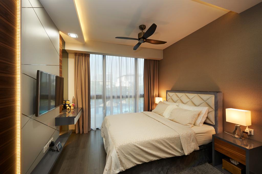 Contemporary, Condo, Bedroom, Waterbay, Interior Designer, DC Vision Design, Contemporary Bedroom, Wall Mounted Tv, Tv Wall Panel, Mini Ceiling Fan, False Ceiling, Cove Lighting, Sling Curtain, Modern Side Table, Neutral Brown Wall, Padded Bed Frame