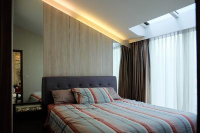 The Nautical, Fifth Avenue Interior, Contemporary, Bedroom, Condo, Sloping Roof, Sloping Ceiling, Light Strips, Soft Illumination, Warm Illumination, Mirror Panel, Wall Mirror, Small Space, Indoors, Interior Design, Room