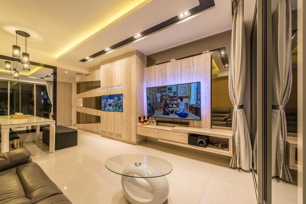 Contemporary, Condo, Living Room, Sea Esta, Interior Designer, Glamour Concept, Hidden Interior Lights, Recessed Lights, Sling Curtain, Round Glass Table, Wall Mounted Television, Floating Console, Wooden Cabinets, Hanging Lights, Spacious, Modern, Resort Theme, Curtain, Home Decor, Indoors, Interior Design