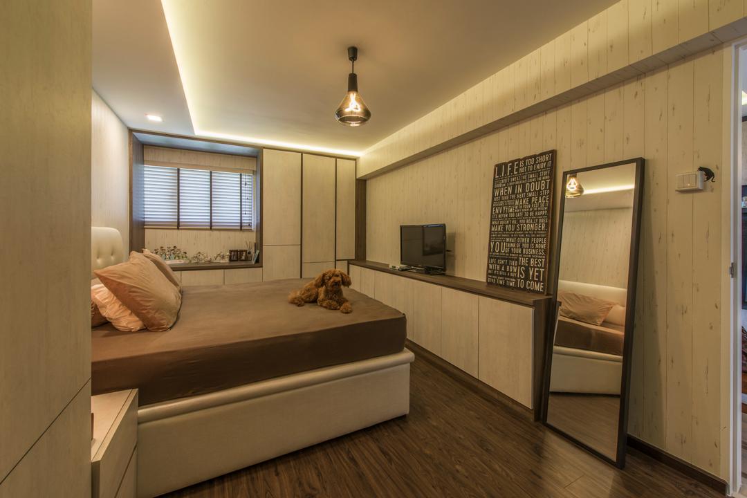 Dover Road (Block 1), Meter Square, Industrial, Bedroom, HDB, Modern Bedroom, False Ceiling, Cove Lighting, Wooden Flooring, Black Frame Mirror, Built In Tv Console Table, Curtain, Home Decor, Window, Window Shade, Indoors, Interior Design, Room