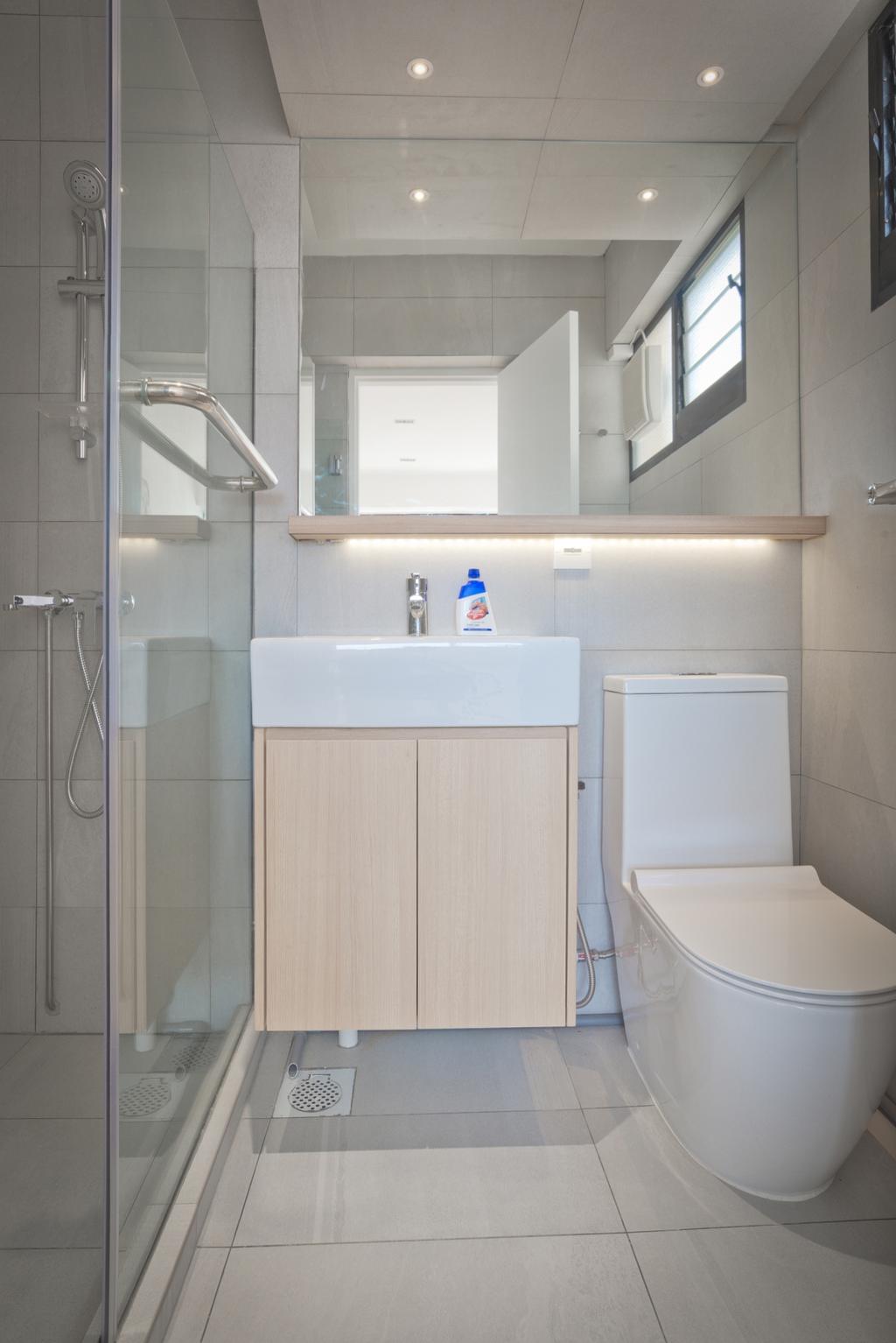 Minimalist, HDB, Bathroom, Potong Pasir, Architect, FOMA Architects, Modern Bathroom, Boxy Vessel Sink, White Sink Countertop, Downlights, Mirror Cabinet, Shower Screen, Vanity Cabinet, Simple Design