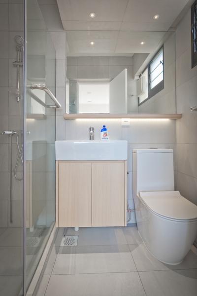 Potong Pasir, FOMA Architects, Minimalist, Bathroom, HDB, Modern Bathroom, Boxy Vessel Sink, White Sink Countertop, Downlights, Mirror Cabinet, Shower Screen, Vanity Cabinet, Simple Design