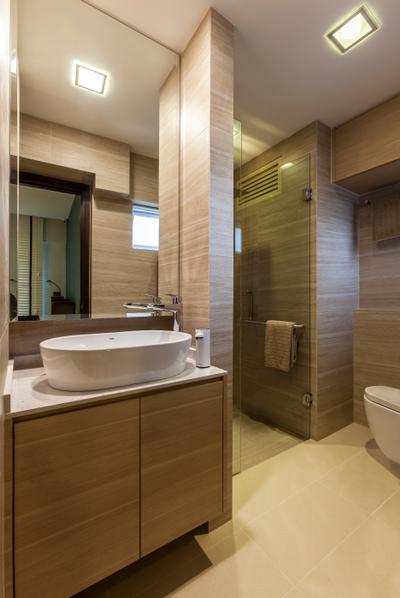 Bukit Batok Central (Block 120), The Interior Lab, Modern, Bathroom, HDB, Vessel Sink, White Sink Countertop, Downlights, Built In Mirror, Indoors, Interior Design, Room