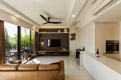The Rainforest, The Interior Lab, , Living Room, , Contemporary Living Room, Haiku Fan, Downlights, Sliding Door, Outdoor Balcony, Contemporary Outdoor Furniture, False Ceiling, Floating Console, Tv Wall Panel, Wall Mounted Tv, Couch, Furniture, Indoors, Interior Design, Electronics, Entertainment Center, Room