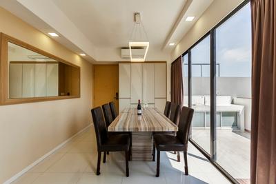 The Rainforest, The Interior Lab, Contemporary, Dining Room, Condo, Modern Dining Room, Wall Mirror, Sliding Door, Outdoor Balcony, False Ceiling, Downlights, Modern Dining Set, Chair, Furniture, Dining Table, Table, Indoors, Interior Design, Room, Conference Room, Meeting Room