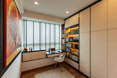 Tribeca by the Waterfront, The Interior Lab, Modern, Study, Condo, Modern Study Room, Blinds, Built In Study Table, Built In Cupboard, Built In Shelves, Indoors, Interior Design, Hardwood, Stained Wood, Wood