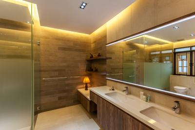 Maryland Drive, The Interior Lab, Contemporary, Bathroom, Landed, White Sink Countertop, False Ceiling, Cove Lighting, Glass Shower Panel, Downlights, Mirror Lighting, Indoors, Interior Design, Room, Sink