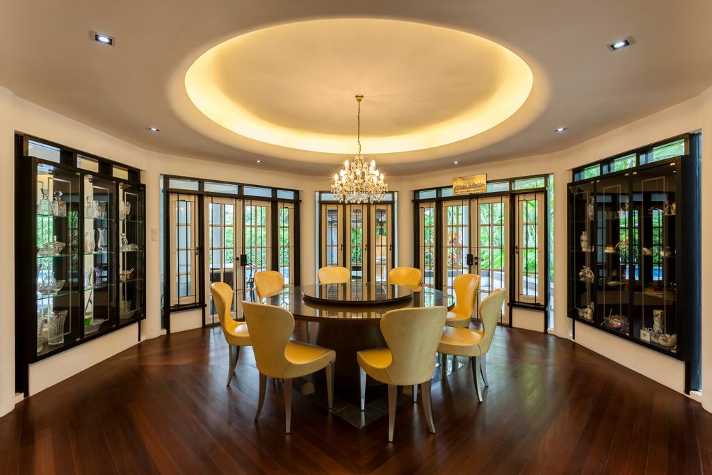 Contemporary, Landed, Dining Room, Maryland Drive, Interior Designer, The Interior Lab, Modern Dining Room, Round False Ceiling, Cove Lighting, Wooden Flooring, Built In Cabinet, French Door, Crystal Chandelier, Downlights, Majestic, Chair, Furniture, Indoors, Room, Interior Design