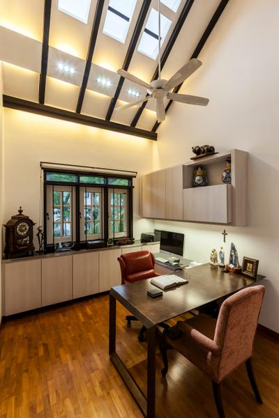 Maryland Drive, The Interior Lab, , Bedroom, , Ceiling Beam, Mini Ceiling Fan, High Ceiling, Built In Cupboard, Downlights, Wooden Flooring, Attic Ceiling, Couch, Furniture, Window, Clock, Dining Room, Indoors, Interior Design, Room