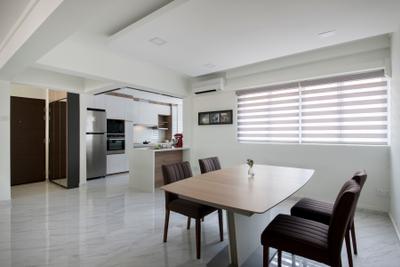 Shunfu Road, Starry Homestead, Modern, Dining Room, HDB, Kitchen Open Concept, Blinds, False Ceiling, Downlights, White Marble Floor, Chair, Furniture, Indoors, Interior Design, Room, Dining Table, Table