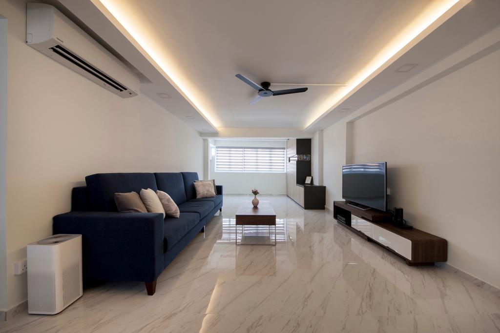 Modern, HDB, Living Room, Shunfu Road, Interior Designer, Starry Homestead, False Ceiling, Cove Lighting, White Marble Floor, Black Sofa, Tv Console Table, Blinds, Contemporary Living Room, Flooring, Couch, Furniture