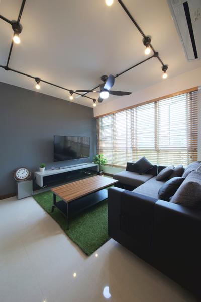 Hougang ParkEdge, Dap Atelier, Industrial, Scandinavian, Living Room, HDB, Industrial Living Room, Track Light, Mini Ceiling Fan, Sectional Sofa, Dark Grey Wall, Blinds, Industrial Table, Grass Carpet, Couch, Furniture, Indoors, Interior Design