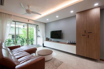 The Calrose, Space Concepts Design, , Living Room, , Modern Living Room, False Ceiling, Downlights, Mini Ceiling Fan, Floating Console, Built In Cupboard, Carpentry, Sliding Door, Sling Curtain, Balcony, Wall Mounted Tv, Grey Wall, White Marble Floor, Couch, Furniture, Door, Folding Door, Indoors, Interior Design