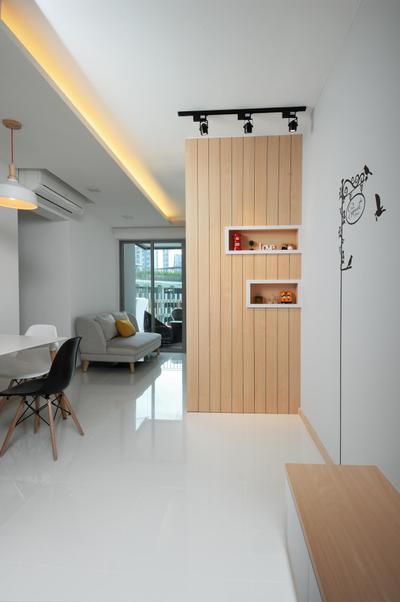 Parkland Residences, Aart Boxx Interior, Scandinavian, Dining Room, HDB, Drawing On Wall, Art On Wall, Indirect Ceiling Lighting, White Floor, Wooden Partition, Pendant Light, Chair, Furniture, Indoors, Interior Design