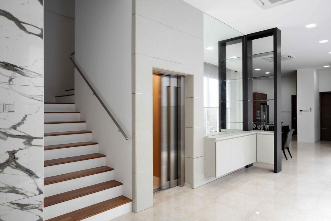 Jalan Hussein, Vegas Interior Design, Modern, Contemporary, Landed, Wooden Stairs, Marble Wall, Elevator, Built In Glas Shelf, Built In Cupboard, Stairway, Staircase, Banister, Handrail, HDB, Building, Housing, Indoors, Loft