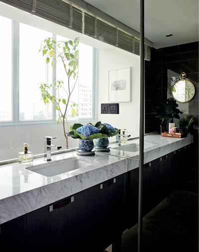 Circuit Road (Block 37), Bowerman, Eclectic, Bathroom, HDB, Eclectic Bathroom, Marble Countertop, White Sink Countertop, Plants, Blinds, Airy, Hanging Mirror, Black Tiles, Flora, Jar, Plant, Potted Plant, Pottery, Vase, Dining Room, Indoors, Interior Design, Room, Furniture, Tabletop, Sink