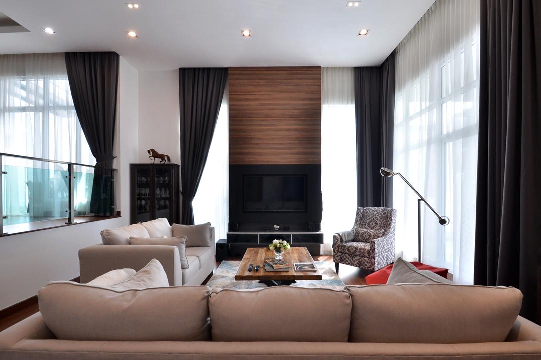 Clover Garden @ Cyberjaya, Mega Fusion Design Studio, Contemporary, Modern, Living Room, Landed, Couch, Furniture, Indoors, Room, Door, Sliding Door, Fireplace, Hearth