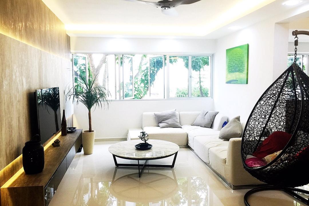 Yishun Ring Road (Block 332), Starry Homestead, Traditional, Living Room, HDB, Hanging Chair, Coffee Table, L Shaped Sofa, Egg Swing, Concealed Lighting, Potted Plant, False Ceilin, Flora, Jar, Plant, Pottery, Vase, Furniture, Table, Indoors, Room, Dining Table, Couch, Chair, Bedroom, Interior Design