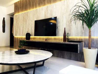 Yishun Ring Road (Block 332), Starry Homestead, Traditional, Living Room, HDB, Concealed Lighting, Wall Mount Tv Shelf, Tv Console, Potted Plants, Brown Coffee Table, Tv Feature Wall, Feature Wall, Flora, Jar, Plant, Potted Plant, Pottery, Vase, Dining Table, Furniture, Table, Pot
