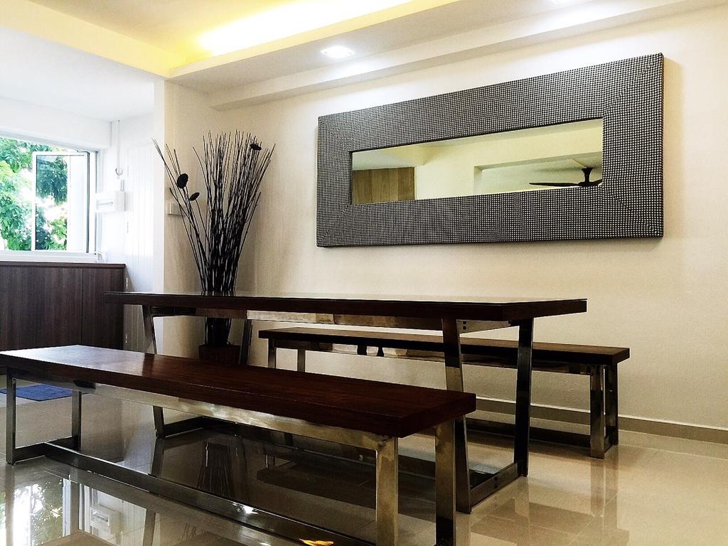 Traditional, HDB, Dining Room, Yishun Ring Road (Block 332), Interior Designer, Starry Homestead, Concealed Lighting, Mirror, Bench, Wooden Bench, False Ceiling, Flora, Jar, Plant, Potted Plant, Pottery, Vase, Chair, Furniture, Window, Dining Table, Table, Indoors, Interior Design, Room