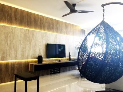 Yishun Ring Road (Block 332), Starry Homestead, Traditional, Living Room, HDB, Hanging Chair, Tv Console, Egg Swing, Concealed Lighting, Tv Feature Wall, Feature Wall, Chair, Furniture, Astronomy, Globe, Outer Space, Planet, Space, Sphere, Universe, Indoors, Interior Design