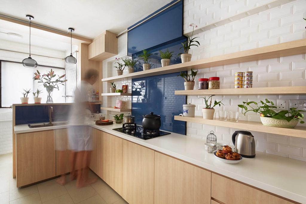 Eclectic, HDB, Kitchen, Tampines (Block 236), Architect, asolidplan, Contemporary Kitchen, Wooden Shelves, Wooden Cabinets, White Laminate, White Brick, Ceramic Tiles, Hanging Lights, Indoors, Interior Design, Room