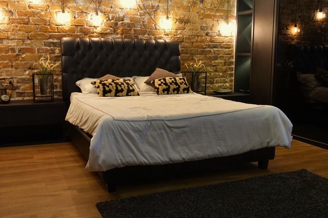 Des & Co Interior Show Room, Des & Co Interior, Industrial, Bedroom, Commercial, Wooden Door, Brick Wall, Resort Theme, Wall Mounted Lights, King Size Bed, Elevated Bedding Platform, Cozy, Cosy, Black Rug, Relaxing, Dim, Bed, Furniture, Couch