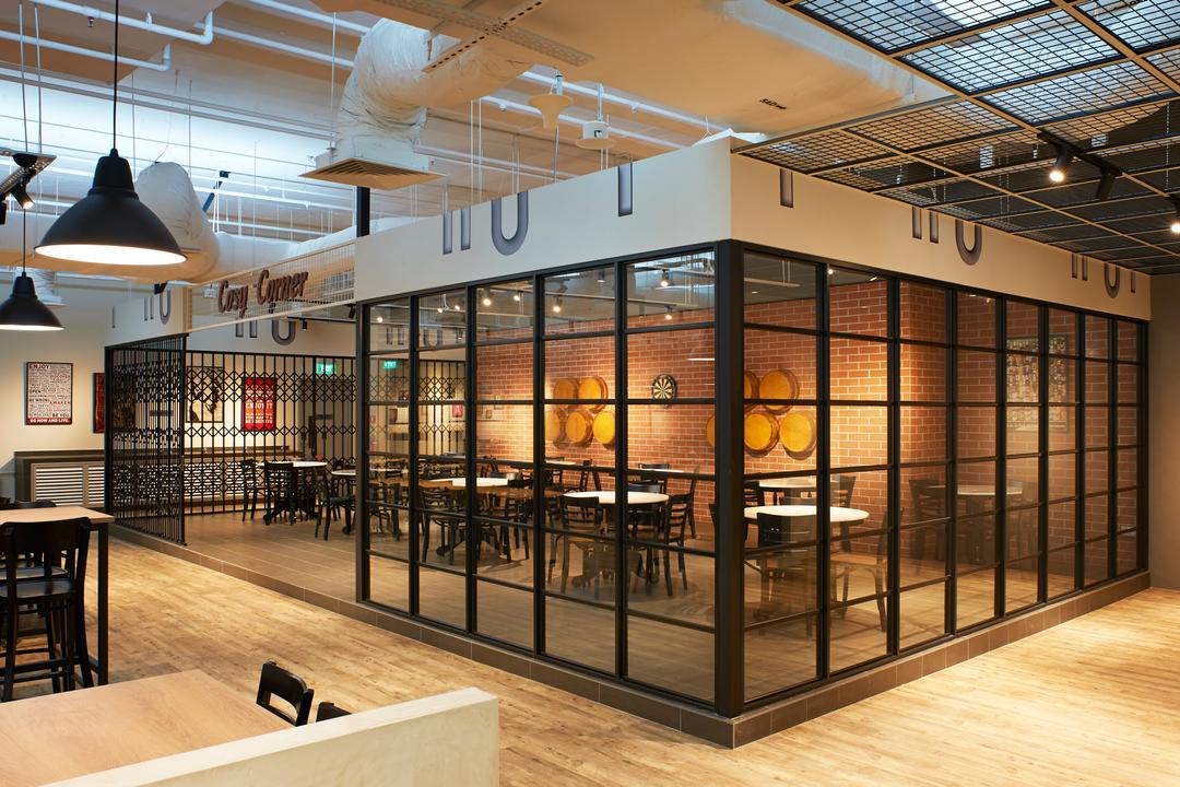 Staff Canteen, Spire Id, Industrial, Scandinavian, Commercial, Wooden Floor, Glass Window Like Panels, Hanging Lights, Wooden Dining Table, Black Dining Chair, Enclosed Room, Modern Contemporary Dining Area, Dining Table, Furniture, Table
