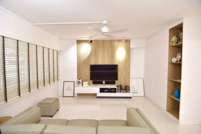 Bishan Street 24 (Block 266), Van Hus Interior Design, Modern, Living Room, HDB, Roll Up Down Curtain, Mini Ceiling Fan, Wooden Panel, Wall Mounted Television, Television Console, Hanging Lights, Wooden Shelves, Contemporary Living Room