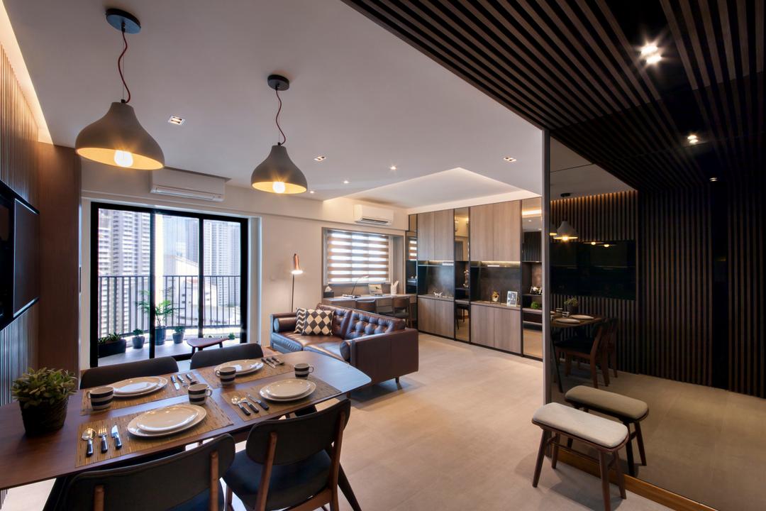 Skyville @ Dawson, KDOT, Contemporary, Dining Room, HDB, Hanging Lights, Wooden Table, Wooden Chair, Recessed Lights, Hidden Interior Lighting, Wooden Wall, Wall Mounted Television, Light Fixture, Chair, Furniture, Dining Table, Table, Indoors, Interior Design, Room, Couch