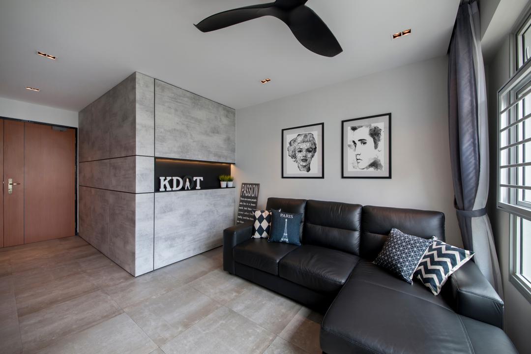 Rivervale Crescent (Block 162C), KDOT, Contemporary, Living Room, HDB, Wooden Floor, Ceiling Fan, Recessed Lights, Sectional Sofa, Artsy, Sling Curtain, Modern Contemporary Living Room, Wooden Door, Couch, Furniture, Chair