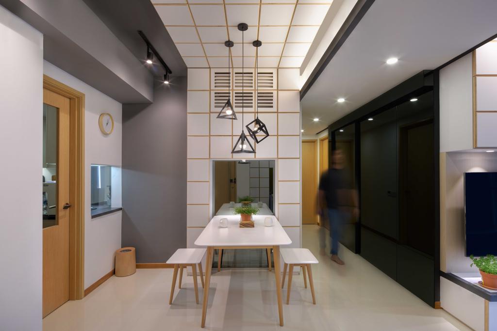 Minimalist, Condo, Dining Room, Trillant, Architect, asolidplan, Wooden Dining Chair, Wood Dining Table, White Laminate, Hanging Lights, Wood Door, Black Track Lights, Square Tiled Walls, Recessed Lights, Dining Table, Furniture, Table, Indoors, Interior Design, Room