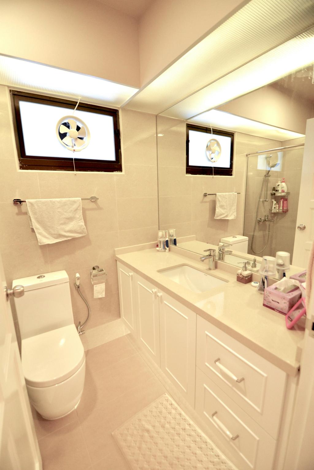 Traditional, HDB, Bathroom, Yishun Street 31 (Block 334C), Interior Designer, Van Hus Interior Design, Ceramic Tiles, White Cabinet, White Cupboard