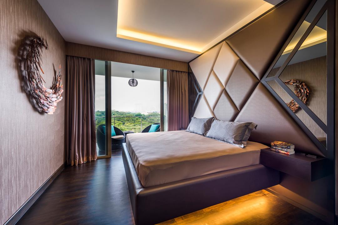 Riveredge, Space Vision Design, Modern, Bedroom, Condo, Coffered Ceiling, Hidden Interior Lighting, Elevated Bedding Platform, Wooden Door, Sling Curtain, Balcony, King Size Bed, Cozy, Cosy, Modern Contemporary Bedroom, Cushioned Panel, Bed, Furniture, Indoors, Interior Design, Room
