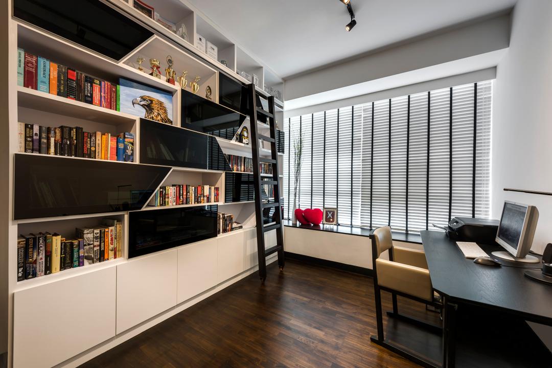 Riveredge, Space Vision Design, Modern, Study, Condo, Wooden Floor, Wooden Study Desk, Wooden Chair, Roll Down Curtain, White Study Cupbaord, White Study Cabinet, , Built In Shelves, Mdoern Contemporary Study Room, Bookcase, Furniture, Chair, Indoors, Interior Design
