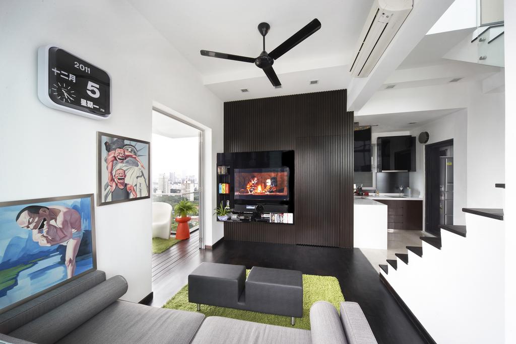 Eclectic, Condo, Living Room, Zedge, Interior Designer, Free Space Intent, Wall Art, Painting, Black Fan, Wooden Laminate, Human, People, Person, Fireplace, Hearth, Couch, Furniture, Alarm Clock, Clock