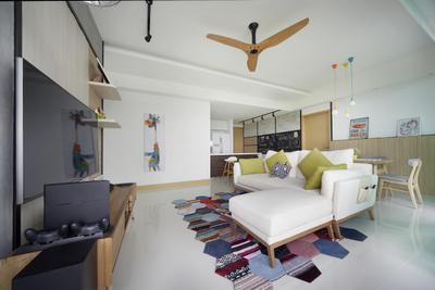 Tree House, Free Space Intent, Scandinavian, Living Room, Condo, Wooden Fan, Rug, Carpet, Sofa, Hanging Light, Tv Console, Couch, Furniture