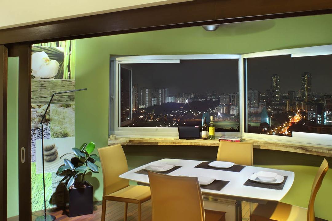 Sin Ming Avenue (Block 408), Imposed Design, Contemporary, Dining Room, HDB, Wooden Floor, Green Wall, Dining Chair, White Laminated Tabletop, Hidden Interior Lights