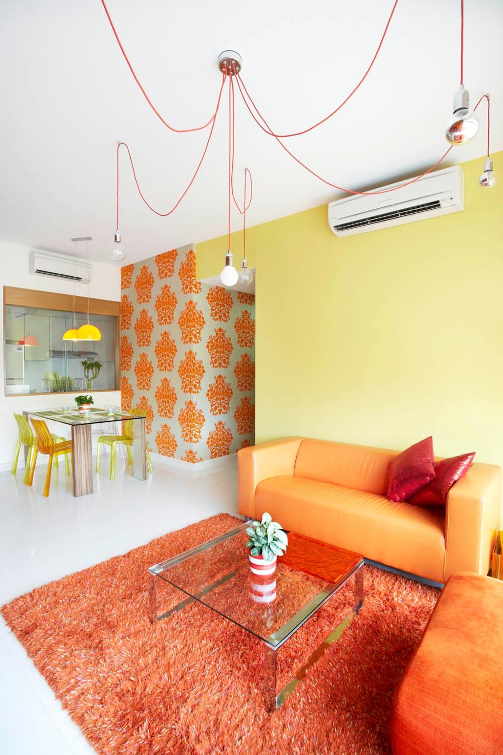 Eclectic, Condo, Living Room, Starville, Interior Designer, Free Space Intent, Glass Table Top, Carpet, Orange Sofa, Yellow Wall, Wallpaper, Exposed Lighbulb, Hanging Light, Glass Coffee Table, Dining Table, Furniture, Table, Couch, Indoors, Interior Design, Home Decor, Linen, Tablecloth, Room