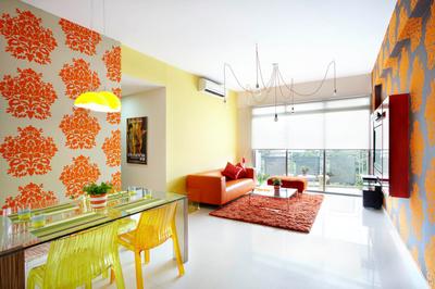 Starville, Free Space Intent, Eclectic, Living Room, Condo, Wallpaper, Hanging Light, Glass Table Top, Yellow Wall, Full Length Window, Blinds, Dining Table, Furniture, Table, Indoors, Interior Design, Room