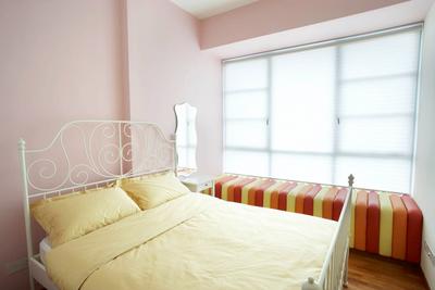 Starville, Free Space Intent, Eclectic, Bedroom, Condo, Pink Wall, Bay Window, Poster Bed, Bed, Furniture, Indoors, Interior Design, Room, Plate Rack