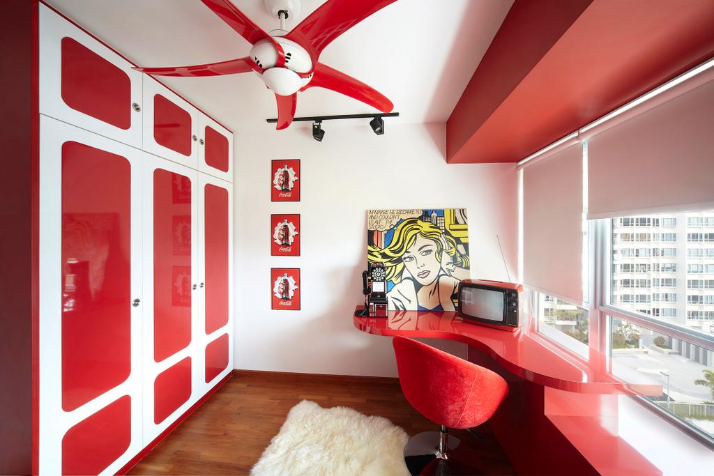 Eclectic, HDB, Study, Simei Lane, Interior Designer, Free Space Intent, Blinds, Study Table, Red Study Table, Wood Wardrobe, Wall Art, Red Laminate, Indoors, Interior Design