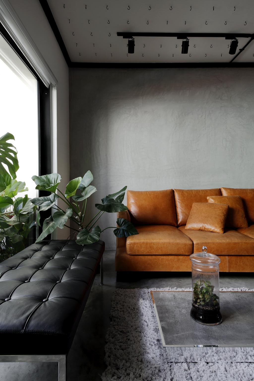 Industrial, HDB, Living Room, Serangoon, Interior Designer, Free Space Intent, Leather Seat, Brown Leather Sofa, Track Light, Black Trackie, Carpet, Black Track Light, Couch, Furniture, Flora, Jar, Plant, Potted Plant, Pottery, Vase, Chair