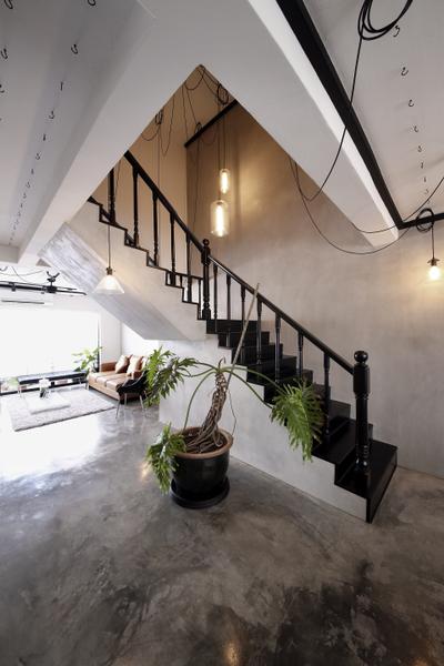 Serangoon, Free Space Intent, Industrial, Living Room, HDB, Staircase, Hanging Light, Hooks, Flora, Jar, Plant, Potted Plant, Pottery, Vase, Bonsai, Tree, Banister, Handrail